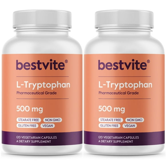 L-Tryptophan 500mg per Capsule (240 Vegetarian Capsules) (120 x 2) - No Stearates - No Silica - No Gelatin - Vegan - Gluten Free - Non GMO