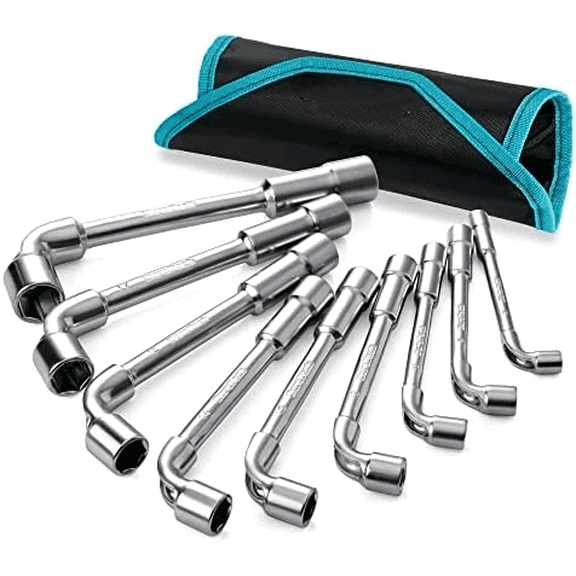 L-Type Pipe Perforation Elbow Wrench Set, L Shaped Hex Socket Wrench Set, Metric, 9-Piece, 8-19mm, Chrome Alloy Steel, 6 Point, with Rolling Pouch$$Tools & Hardware Other