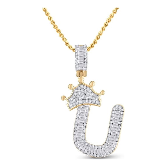 L U DIAMONDS 10k Yellow Gold Mens Baguette Diamond Crown U Letter Charm Pendant 5/8 Ctw