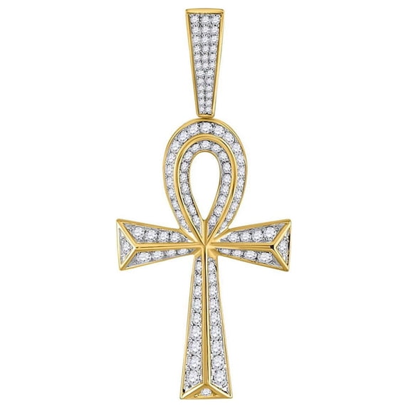 L U DIAMONDS 10k Yellow Gold Mens Diamond Ankh Cross Charm Pendant 1-3/4 Ctw