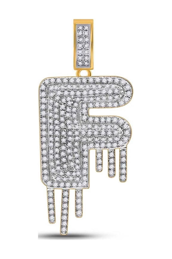 10k Yellow Gold Mens Diamond Drip F Letter Charm Pendant 5/8 Ctw