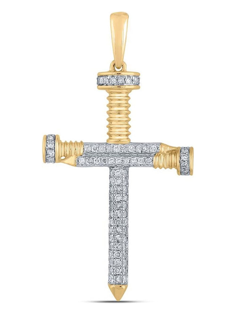 L U DIAMONDS 10k Yellow Gold Mens Diamond Nail Cross Charm Pendant 1/3 Ctw
