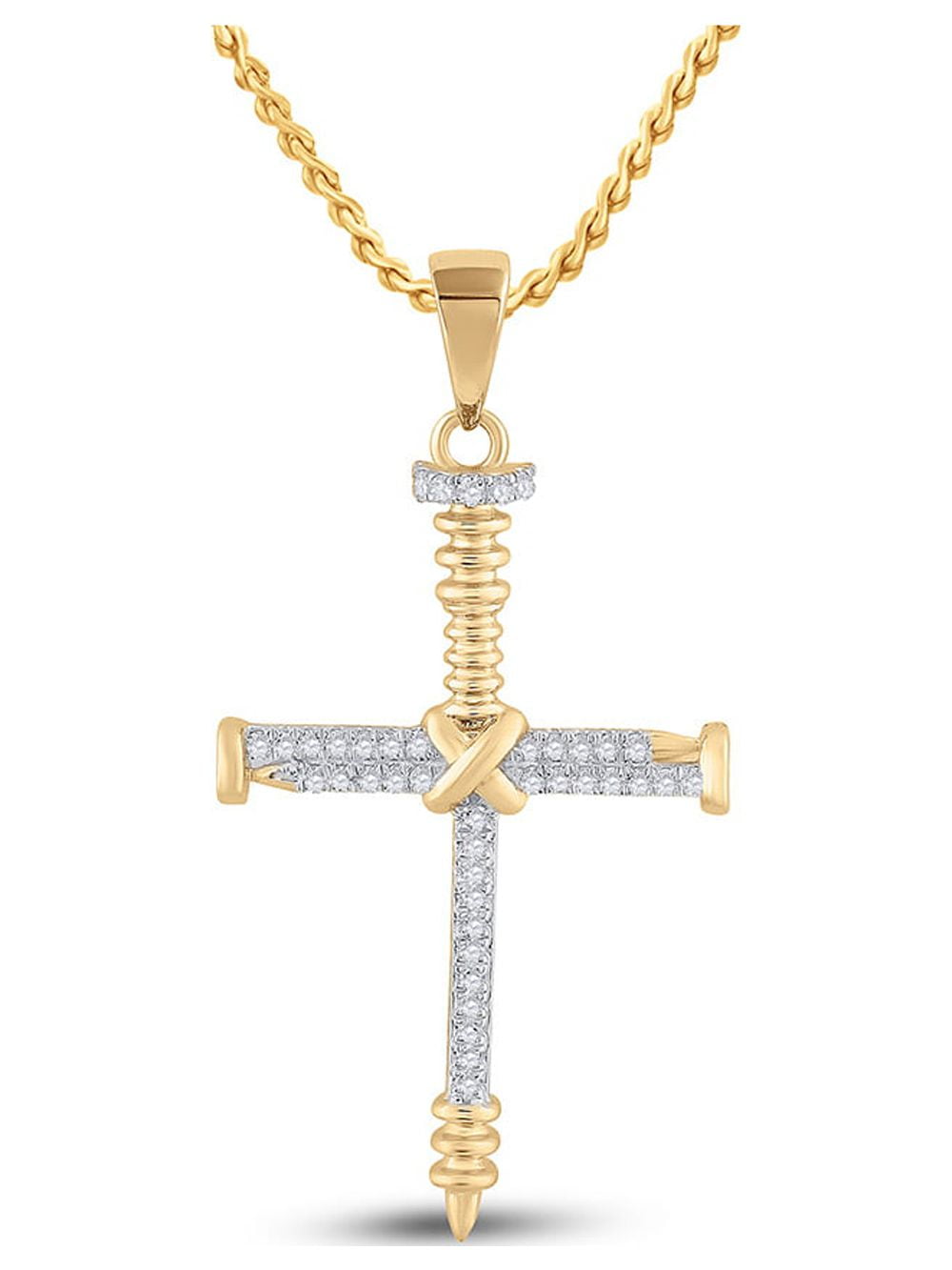 L U DIAMONDS 10k Yellow Gold Mens Diamond Nail Cross Charm Pendant 1/5 Ctw