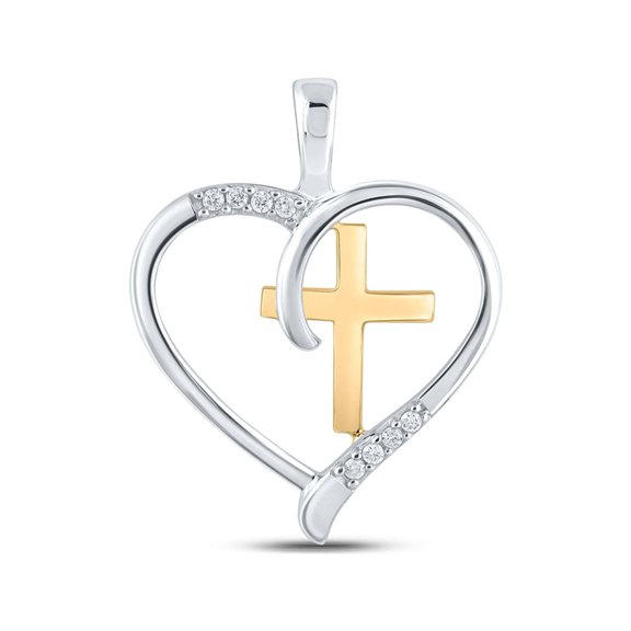 L U DIAMONDS Silver Diamond Cross Lovely Heart Pendant 1/20 Ctw