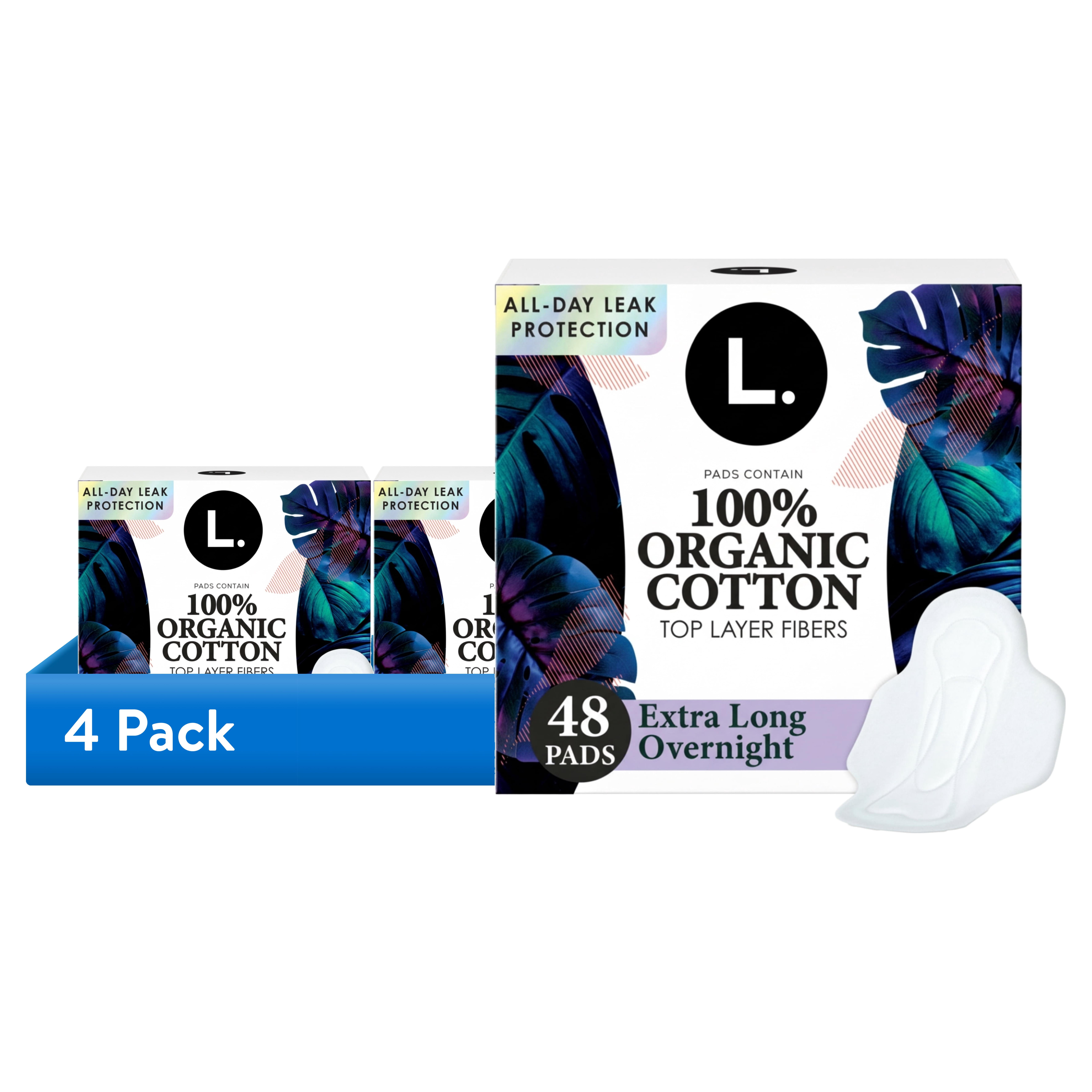 (4 pack) L. Ultra Thin Pads, Organic Cotton Top Layer, Overnight, 48 count
