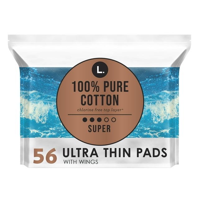 L. Ultra Thin Pads, Super Absorbency, 56 Ct, 100 Pure Cotton Top Layer