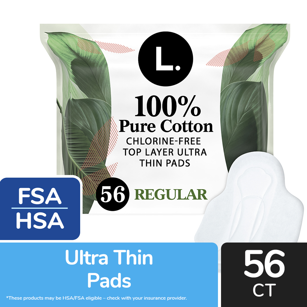 L. Ultra Thin Pads for Women, Regular, 100% Pure Cotton Top Layer 56 Ct - image 1 of 11