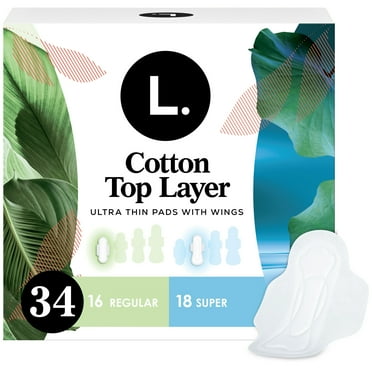 L. Ultra Thin Pads for Women, Regular + Super Duo Pack Absorbency, Organic Cotton Top Layer, Unscented Pads with Wings, 34 CT