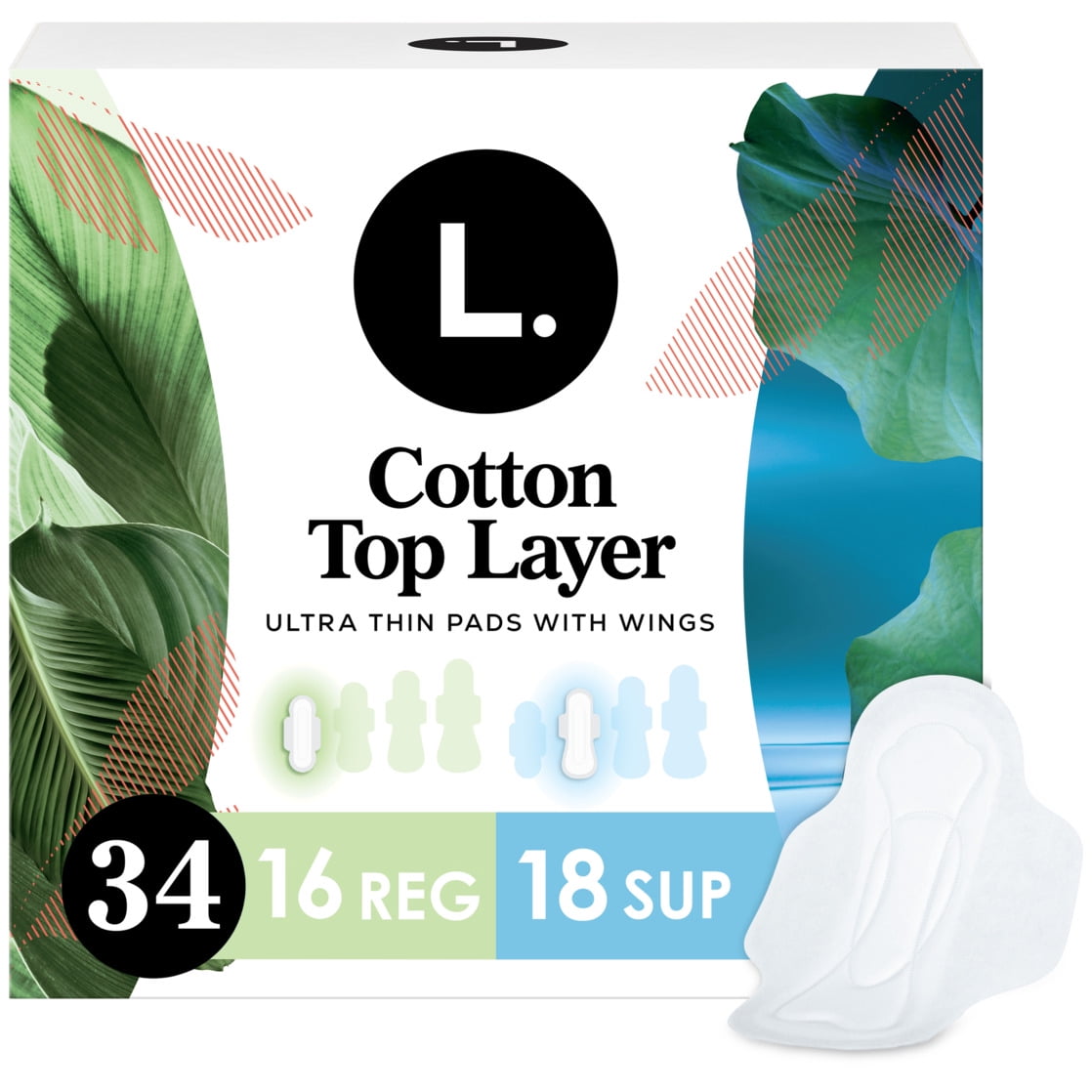 L. Ultra Thin Pads for Women, Organic Cotton Top Layer, Regular + Super Duo Pack Absorbency, Menstrual Pads with Wings, 34 Count