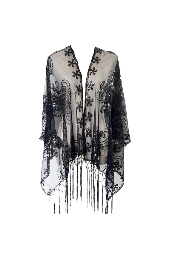 Women's 1920s Sequin Fringed Shawl, Sheer Mesh Glitter Evening Wrap, Sparkly Bridal Wedding Scarf, Lightweight Formal Party Shawl for Prom Dinner Special Occasions