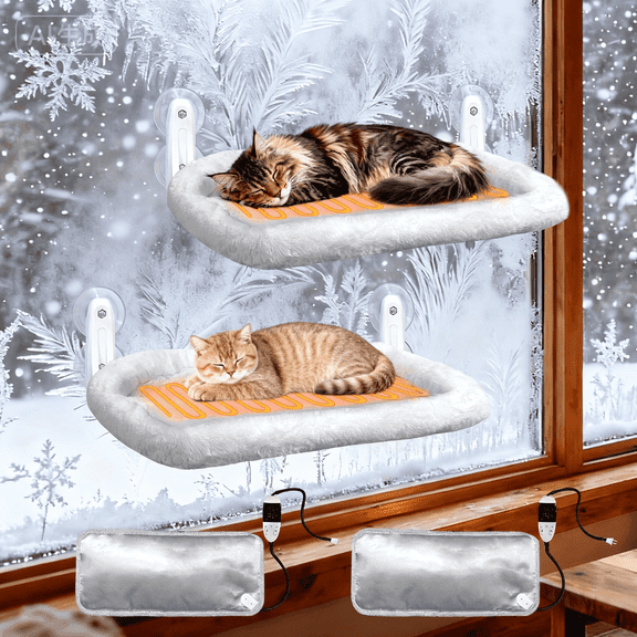 L&W BROS. 2PC Heated Cat Window Perch with Adjustable Thermostat & Timer, Cat Hammock with 4 Strong Suction Cups, Easy-to-Clean Warm Bed for Winter, Holds Up to 50lbs (M 2PC)