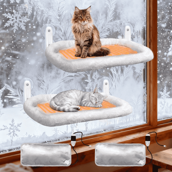 L&W BROS. 2PC Cat Heated Window Perches with Adjustable Thermostat & Timer – Dual Hammocks with Strong Suction Cups, Easy-to-Clean Warm Beds for Multi-Cat Homes, Holds Up to 50lbs Each (L 2PC)