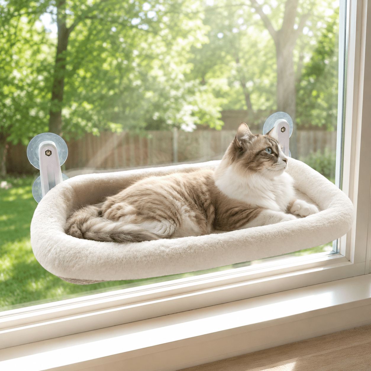 L&W BROS. Cat Window Perch with Soft Cushion, Foldable Cat Window Hammock Hold up 50 lb, Machine Washable, Easy to Assemble, White