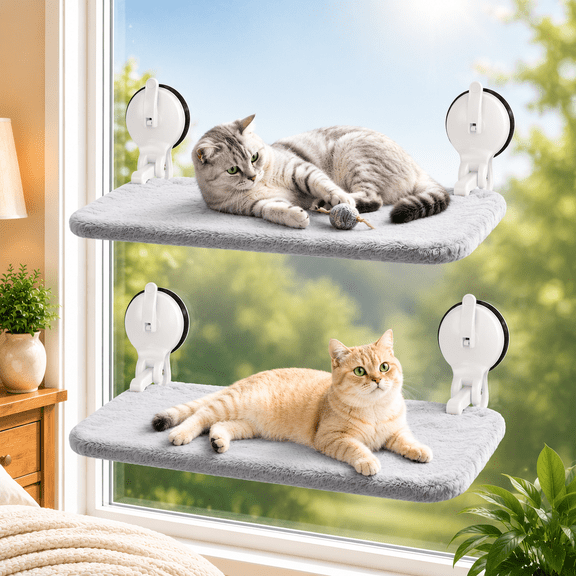 L&W BROS. 2PC Cat Window Perch with Lever Lock Suction Cups Holds up to 50 lbs Foldable & Space Saving Design Heavy Duty Window Hammock for Large or Multiple Cats (M 2Pc)