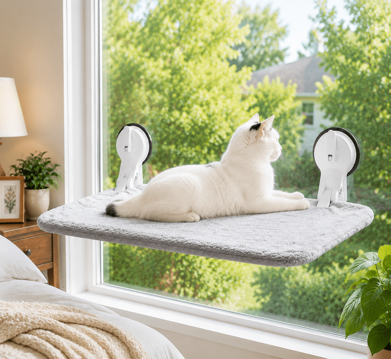 L&W BROS. Cat Window Hammock, Foldable Cat Window Perch with Lever Lock Suction Cups, Holds up to 50 lbs, Washable Cover (M 1Pc)