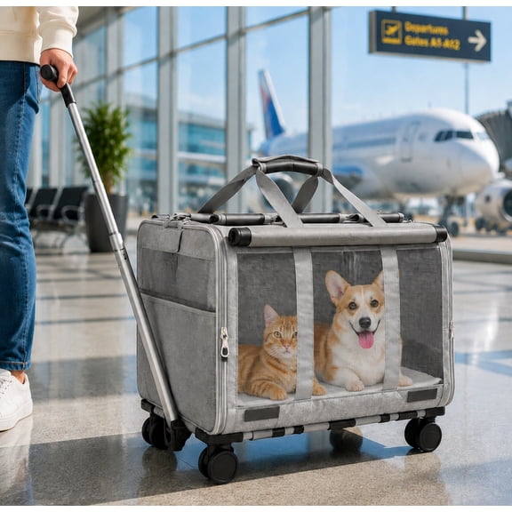 L&W BROS. Cat Carrier with Wheels for 2 Cats, Pet Travel Bag up to 40 Lbs, Foldable Dog Carriers for Small Dogs and Cats, Airline Approved(Gray)