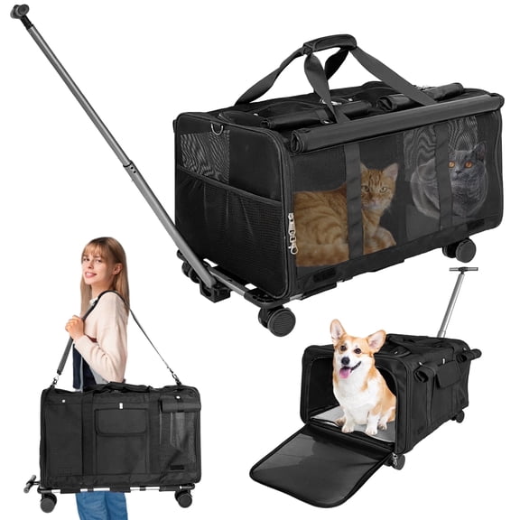 L&W BROS. Cat Carrier with Wheels for 2 Cats, Pet Travel Bag up to 40 Lbs, Foldable Dog Carriers for Small Dogs and Cats, Airline Approved(Black)