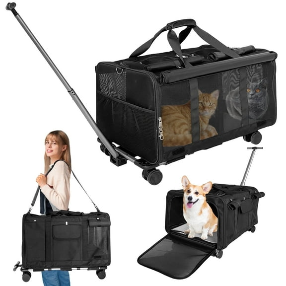 L&W BROS. Cat Carrier with Wheels for 2 Cats, Pet Travel Bag up to 40 Lbs, Foldable Dog Carriers for Small Dogs and Cats, Airline Approved(Black)