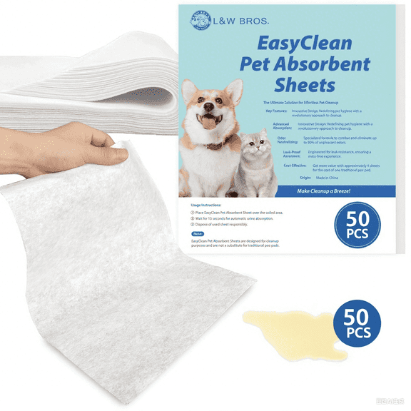 L&W BROS. Pet Quick Absorbent Sheets, New Style Dog Pee Pad, 12"x10" for Urine and Pet Stain & Odor Remover (50 Pcs)