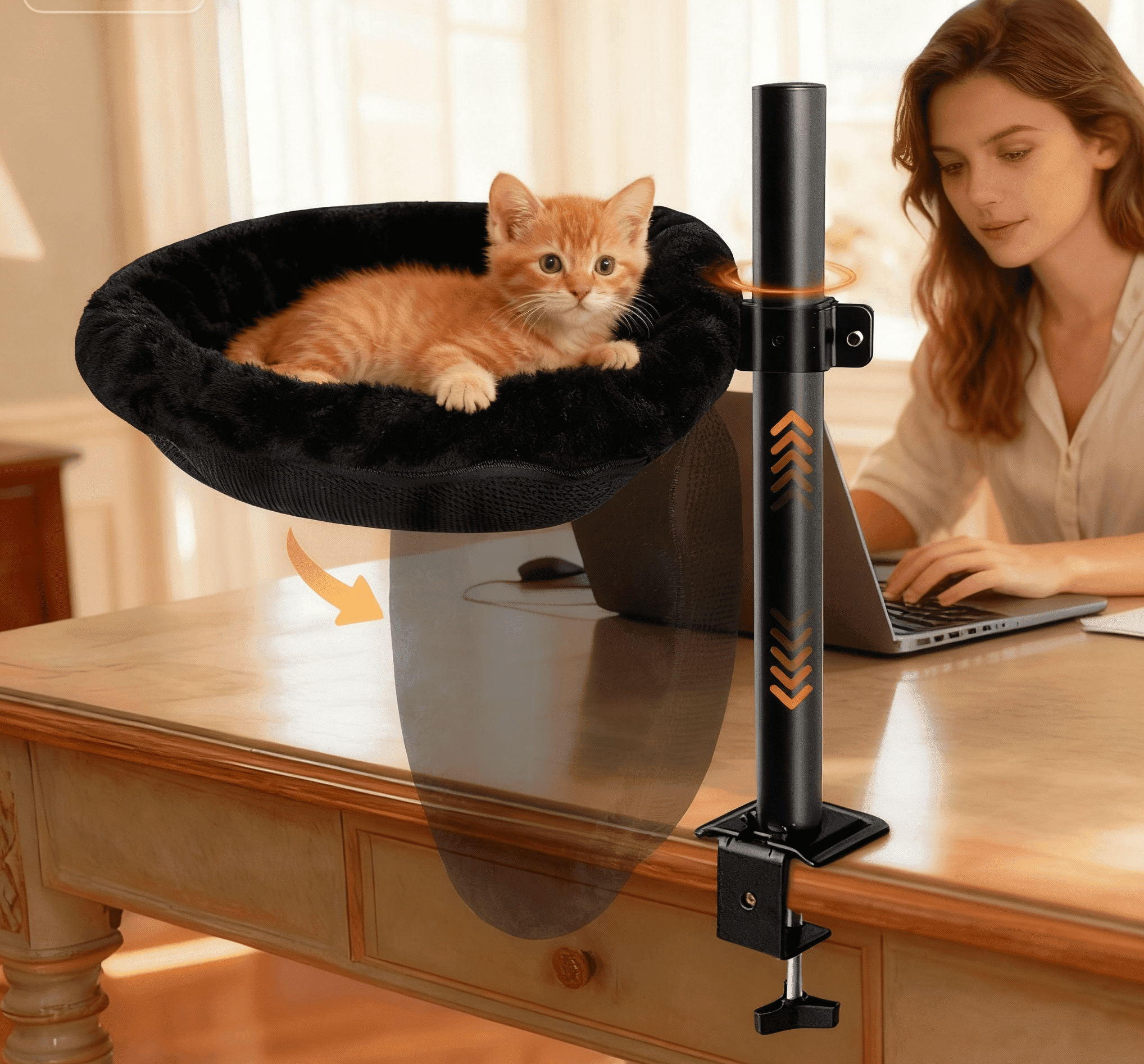 L&W BROS. Space-Saving Up & Down Foldable Cat Desk Hammock - Semi-Circle, 55lb Capacity for Large Cats, 360° Swivel, Machine Washable Plush Fleece Cover for Gaming Desks