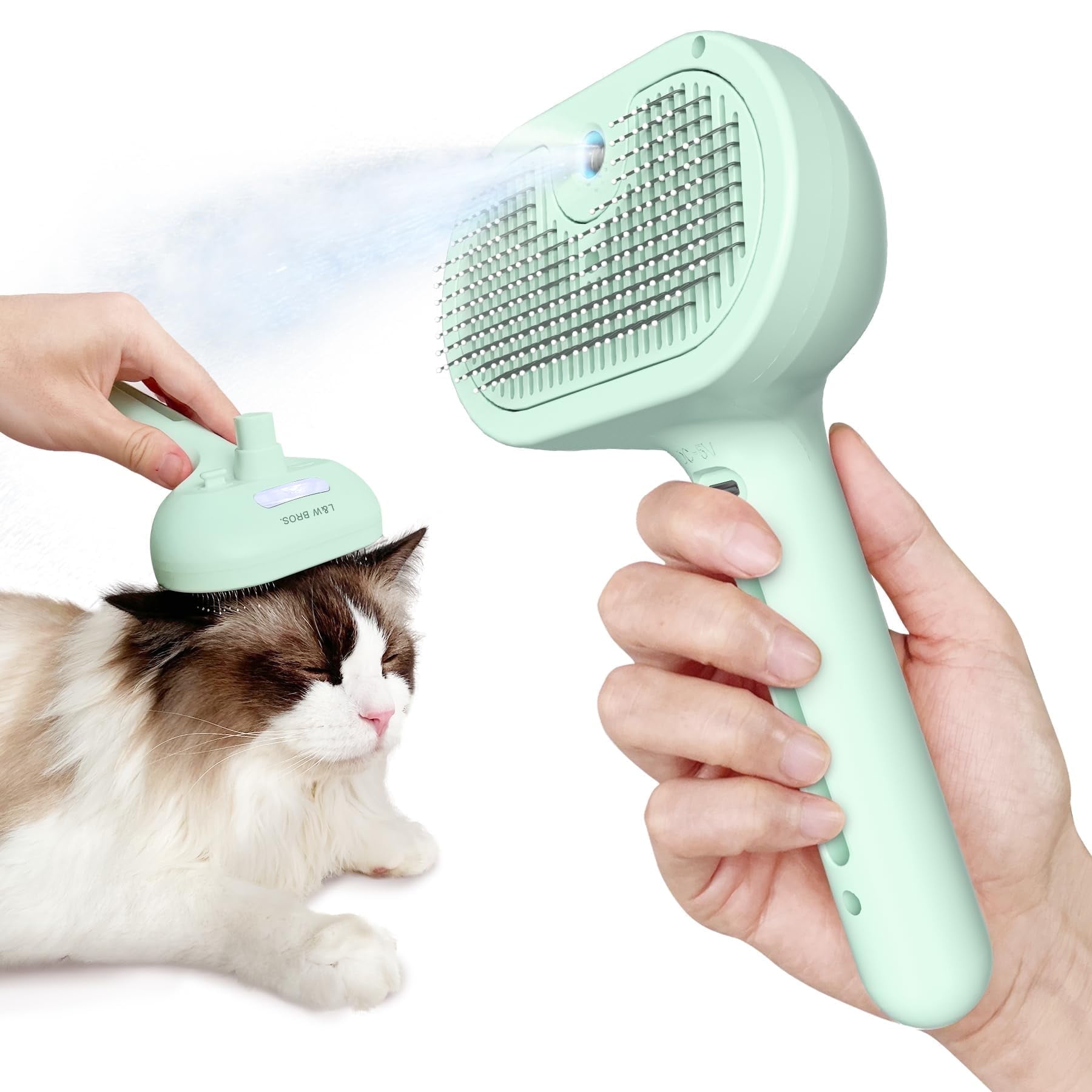 L&W BROS. Self Cleaning Cat Steam Brush, Pet Grooming Brush for Shedding and Detangling, for Dogs and Cats, Green