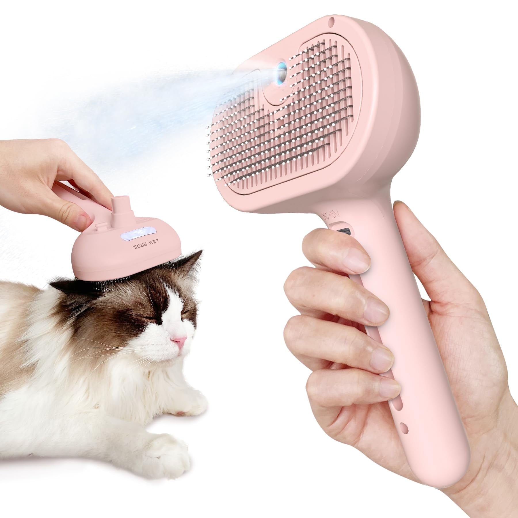 L&W BROS. Self Cleaning Cat Steam Brush, Pet Grooming Brush for Shedding and Detangling, for Dogs and Cats, Pink
