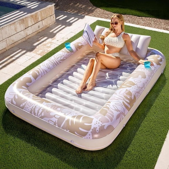 Sloosh-L/XL Inflatable Tanning Pool Lounge Float With Cup Holder, 70“X46”/85″ x 57″ Extra Large Pool Floats Adult with Pillow, 4 in 1 Suntan Tub Raft Floatie, Sunbathing Bed Lounge for Water Blow