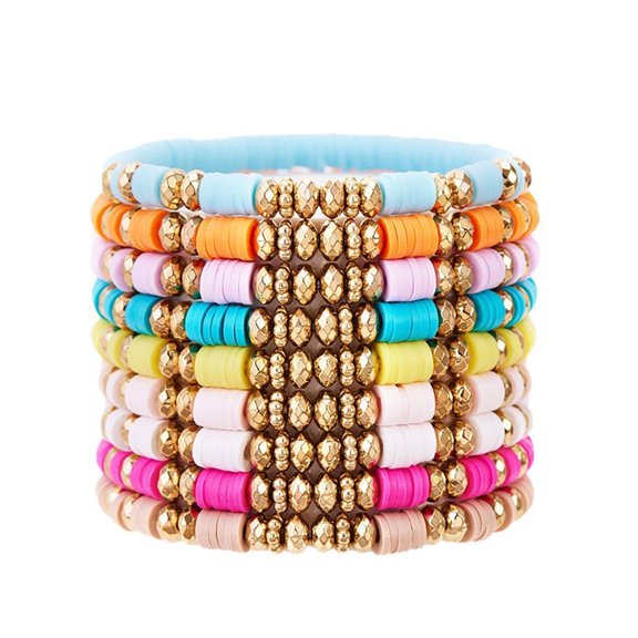 L.YY Beaded Bracelets with Gold Accents, Colorful (9 Pack)