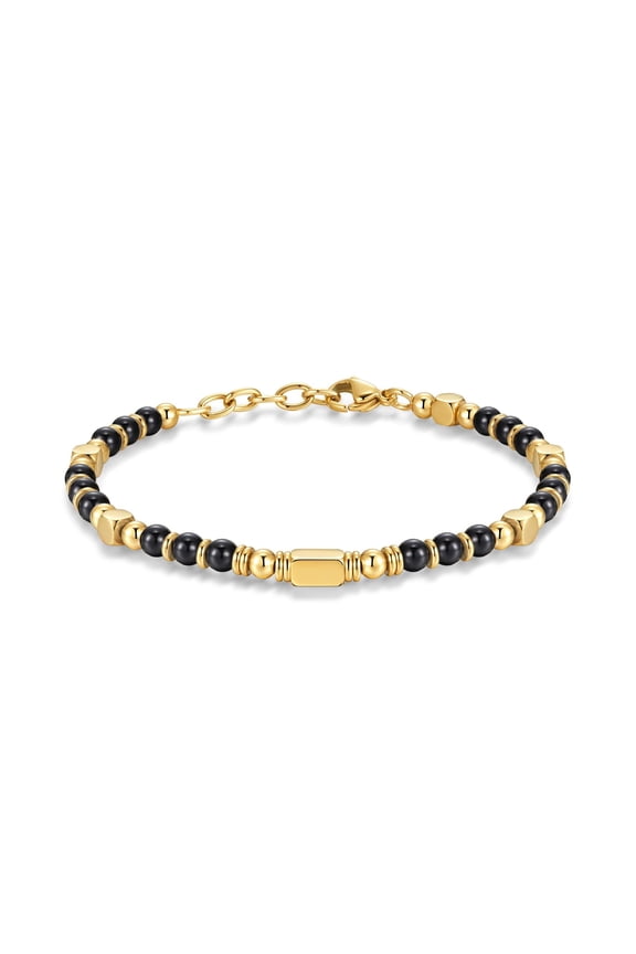 Black Matte Natural Stone Bracelet, Black Matte Gold Bead String, Adjustable Chain Bracelet, Matte Square Bead Bracelet