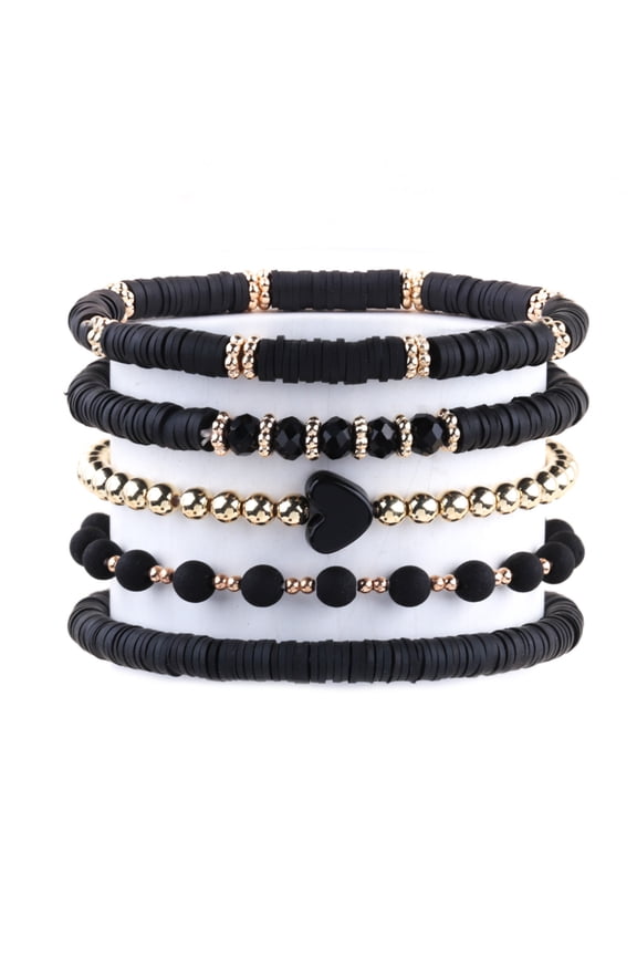 Boho Bracelet Heart Beads Set Black (5 Pack)