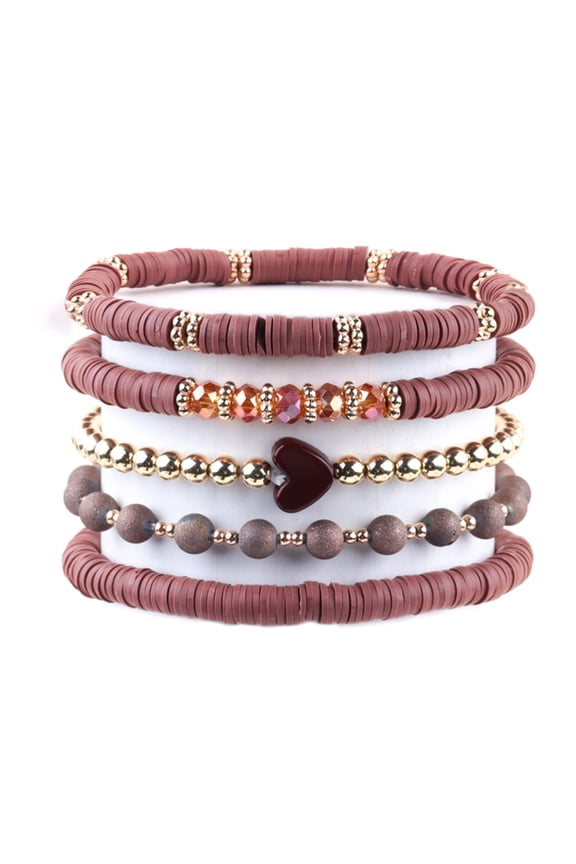 Boho Bracelet Set, Heart Beads, Brown (5 Pack)
