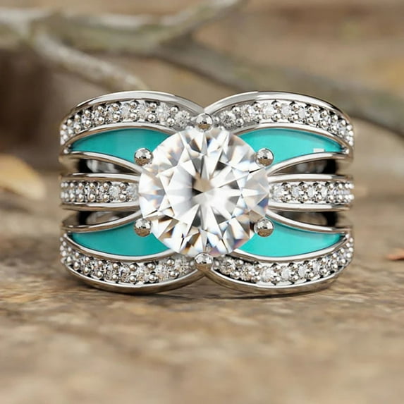 L.YY Enamel Ring, Turquoise, Size: 7, Silver-toned, Includes Gift Box