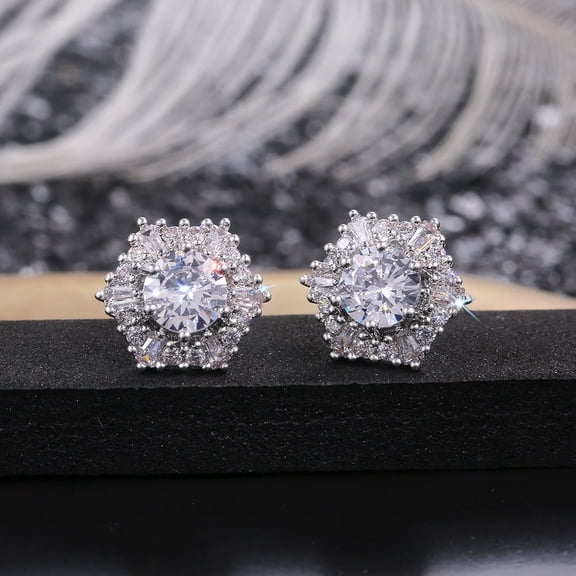 L.YY Floral White Cubic Zirconia Stud Earrings, Silver