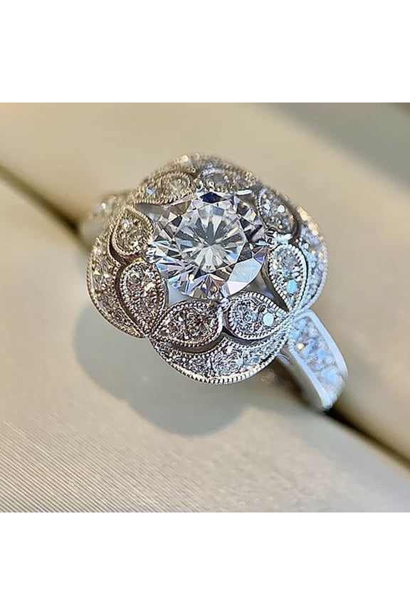 Floral zircon ring Delicate flower round diamond lady Size: 9