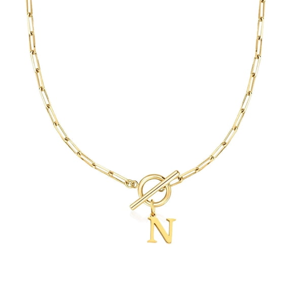 L.YY Gold Initial Letter N Pendant Necklace, OT Clasp Chain , (Includes Gift Box), 18 Inches, Link Chain
