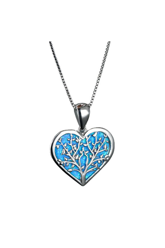 Heart-Shaped Tree Blue Opal Necklace, Silver, Includes Gift Box