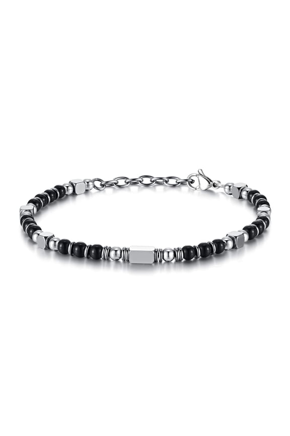 Obsidian Natural Stone Bracelet, Silver Bead String, Adjustable Chain Bracelet, Matte Square Bead Bracelet