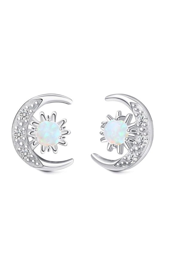 Opal Sun Moon Stud Earrings - Silver - Plated Celestial Jewelry with Zircon Accents
