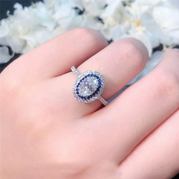 L.YY Oval Double Halo Blue, White Diamond, Sapphire Ring, Size: 7