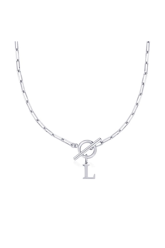 Silver Initial Letter L Pendant Necklace, OT Clasp Chain , (Includes Gift Box), 18 Inches, Link Chain