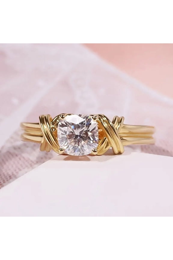 Square Cut Twisted Band Gold Plated Diamond, Size:7