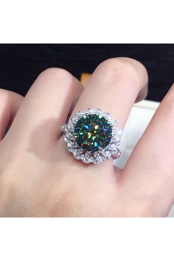 Vibrant Green Round Cut Halo Ring with Sparkling Accents,Size:9