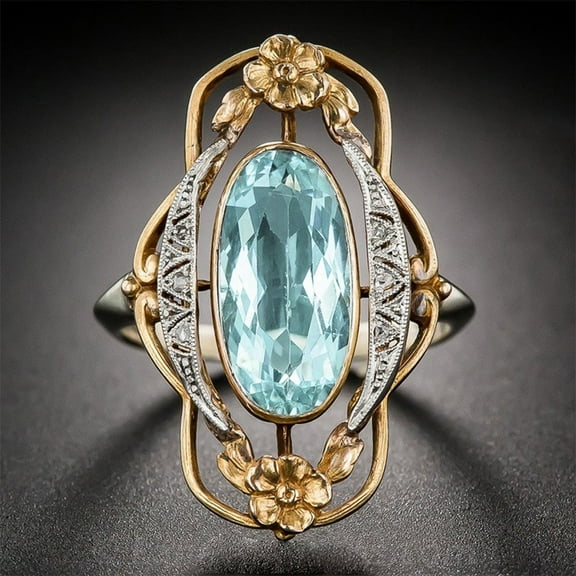 L.YY Women's Gold Ring with Oval Aquamarine Size 7