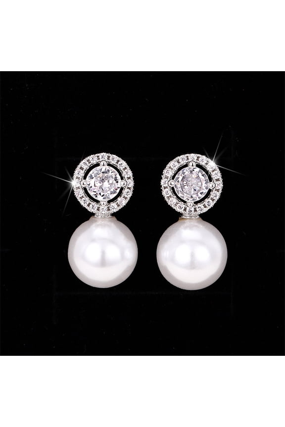 Women's Pearl Dangle Earrings with Pave - Set Zircon Circle Accent