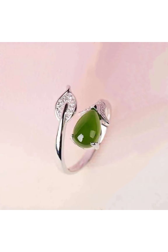 Womens S925 Sterling Silver Inlaid Jasper Leaf Drop Adjustable Fashion Ring - Trendy Jade Jewelry for Women