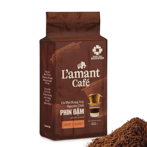 L'amant Caf Traditional Vietnamese Dark-Roast Phin Ground Coffee, Dark Chocolate Notes, Ideal for Iced Milk Coffee & Home Coffee Maker, 1.1 LB (500g)