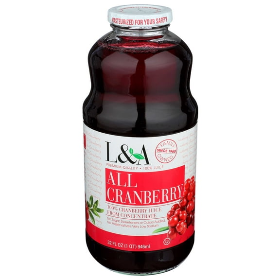 L and A All Cranberry Juice, 32 Ounce -- 6 per case.
