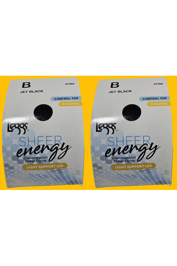 Sheer Energy Control Top Pantyhose Jet Black, Size B Light Support Energizing Sheer - 2-Pack