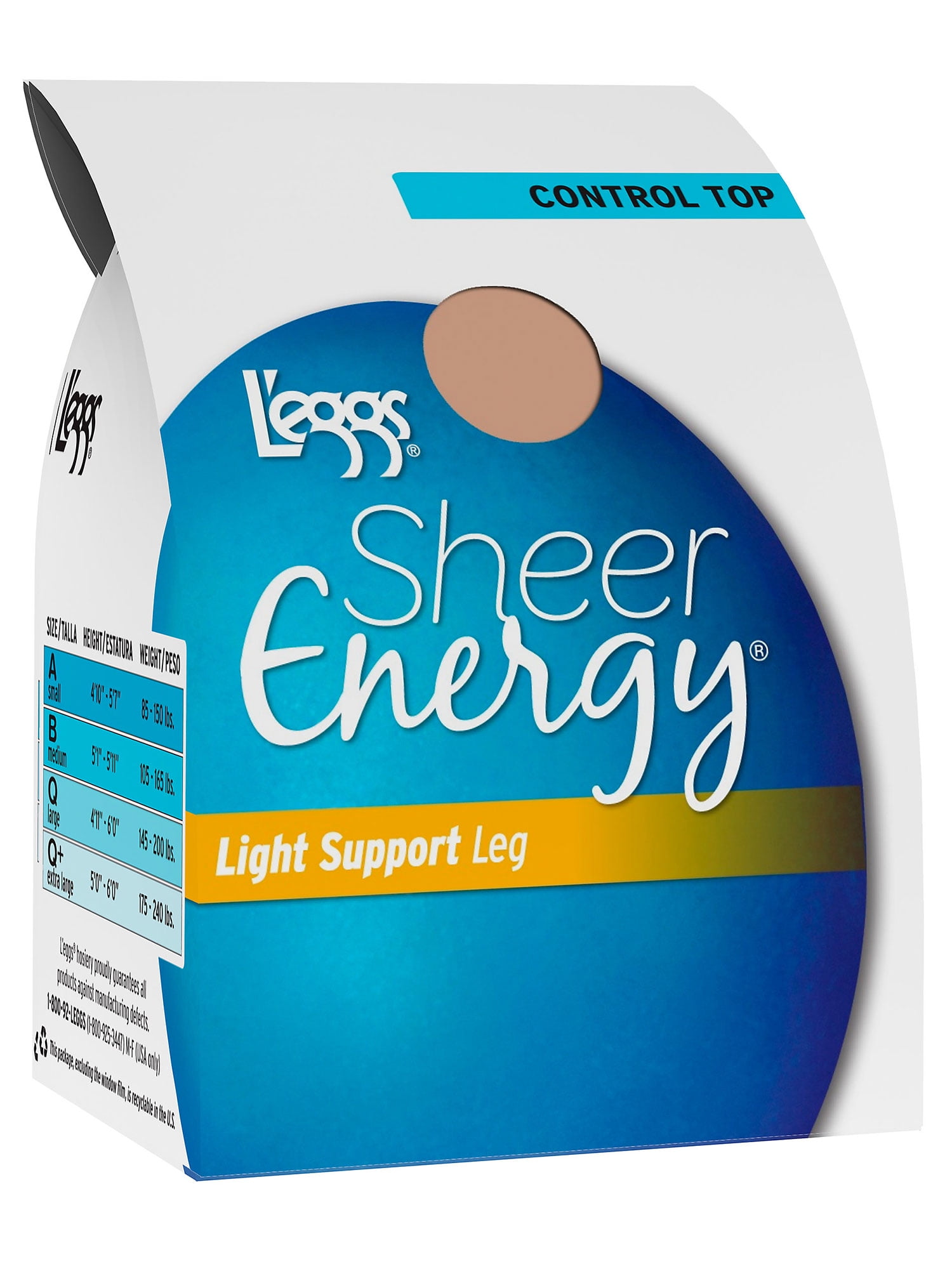 L'eggs Sheer Energy Light Support Leg Control Top, Toe Pantyhose 4-Pack  Suntan Q+ Women's 