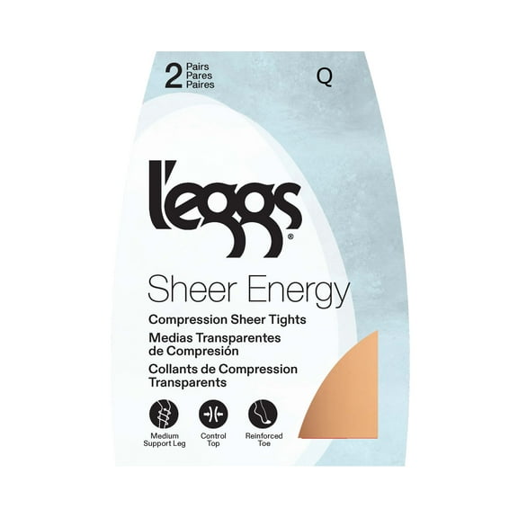 L'eggs Sheer Energy Medium Leg Support Control Top Sheer Tights Women's Reinforced Toe, 2 Pair